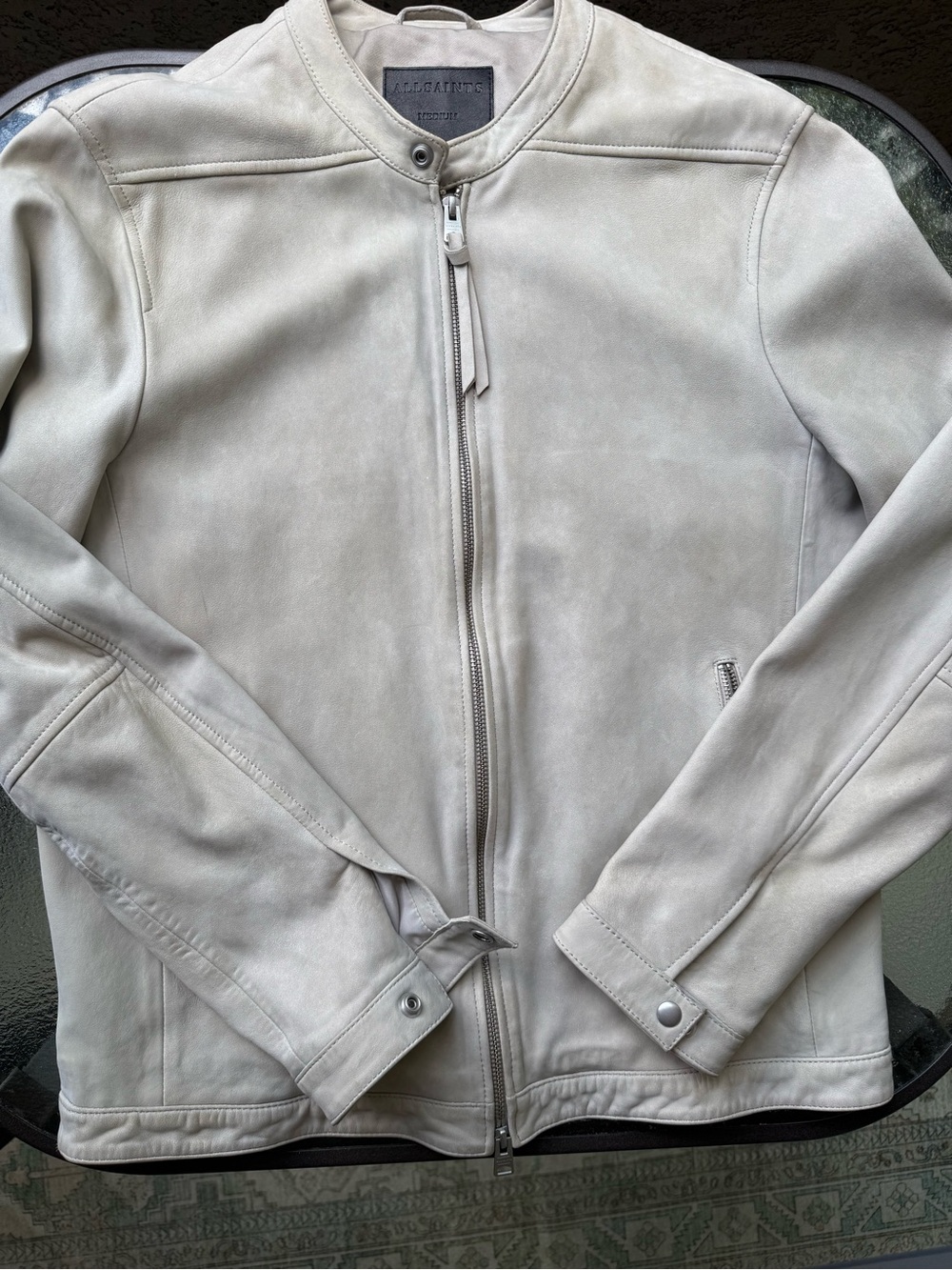 AllSaints Men's Suede Bomber Jacket in Light Beige - Picture 3 of 13